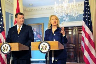 Secretary Clinton and Canadian Foreign Minister John Baird speak with the media