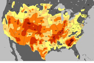 Drought map of the United States based on U.S. Drought Monitor data, via NOAA