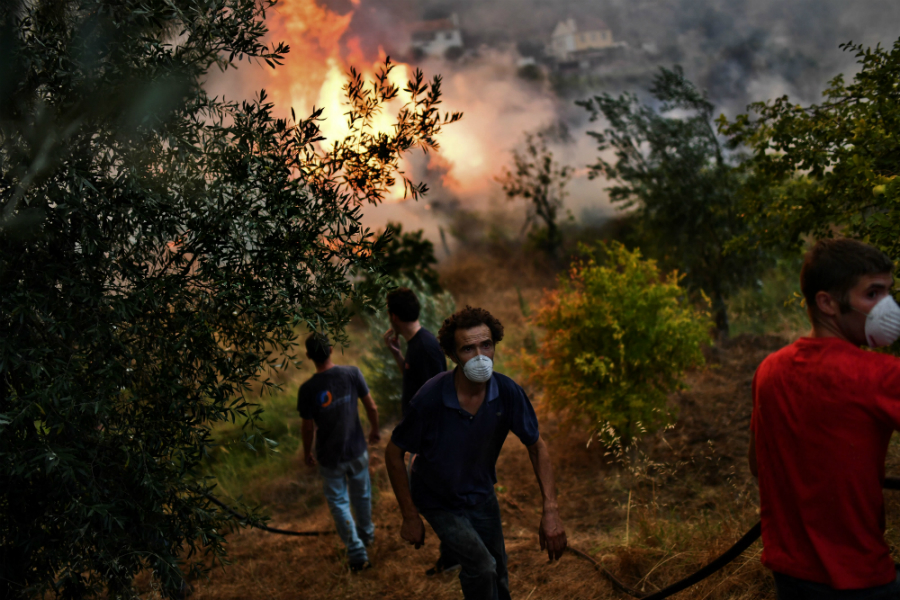 Residents fight one of several wildfires burning in Portugal in the summer of 2017. Credit: Patricia de Melo Moreira/AFP/Getty Images