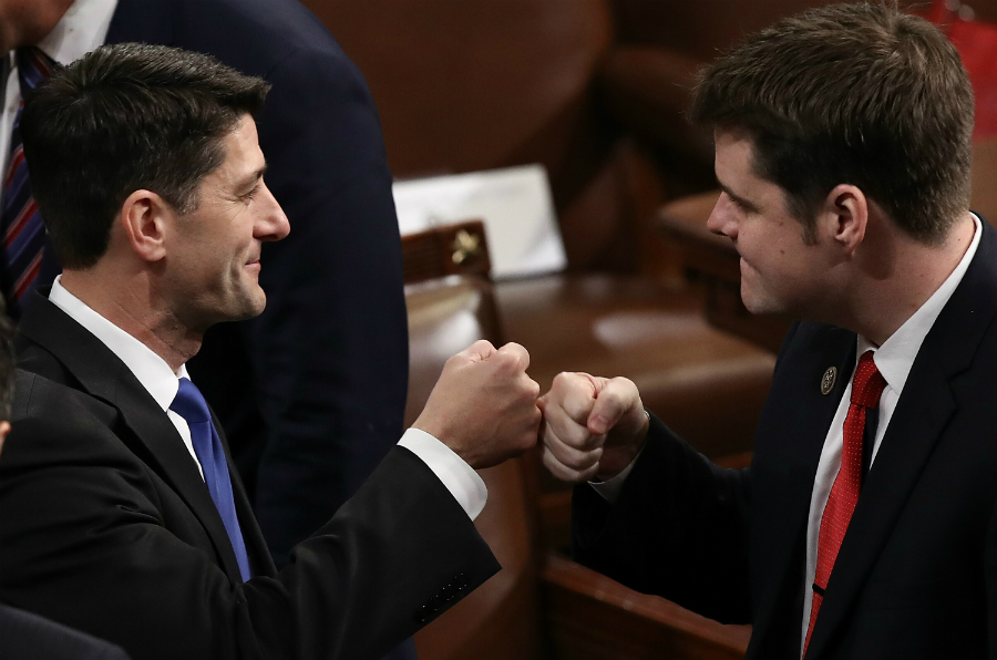 Republican Rep. Matt Gaetz of Florida fist-bumps GOP House Leader Paul Ryan. Credit: Alex Wong/Getty Images