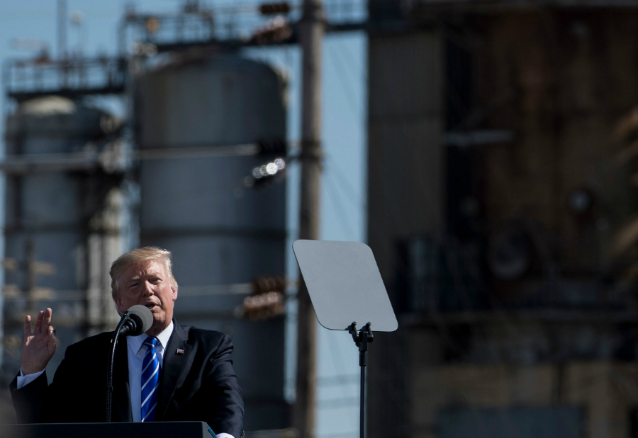 President Trump speaks at a refinery in North Dakota. Credit: Brendan Smialowski/AFP/Getty Images