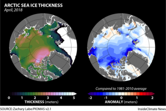 Sea ice thickness is decreasing in the Arctic. Credit: Zachary Labe/PIOMAS