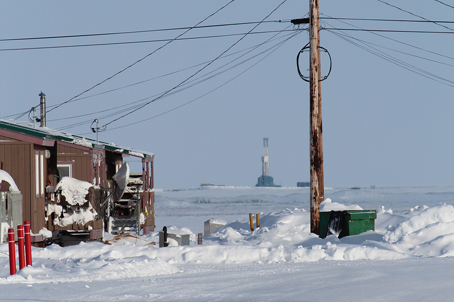 Drilling operations are visible from Nuiqsut's main street. Credit: Sabrina Shankman