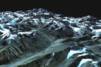 A 3D model of Himalayan glaciers created by Josh Maurer uses spy satellite images from different angles. Credit: Josh Maurer