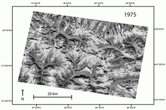 A comparison of satellite images taken in 1975 and 2007 of the same region along the border between Nepal and India reveals changes in the elevation of the region’s glaciers. Credit: Alison Corley/Lamont-Doherty Earth Observatory