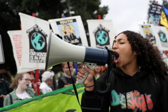 Hundreds of youth climate activists and their supporters staged a climate strike protest outside of Chevron headquarters in San Ramon, California, in September 2019. Credit: Justin Sullivan/Getty Images
