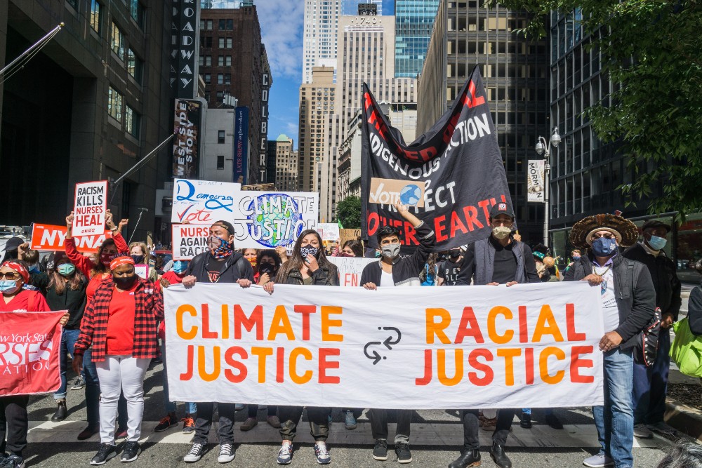 Rise and Resist activist group marching to demand climate and racial justice i n New York City on Sept. 20, 2020.