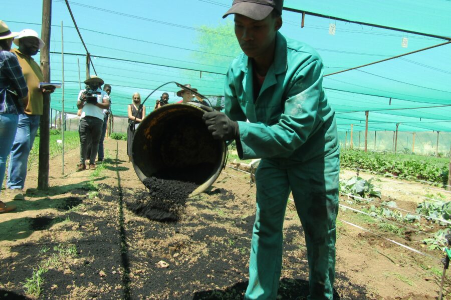 A farm worker applies biochar in the field during a demonstration at a farm near Windhoek, capital of Namibia, on Oct. 8, 2020. Credit: Musa C Kaseke/Xinhua via Getty Images