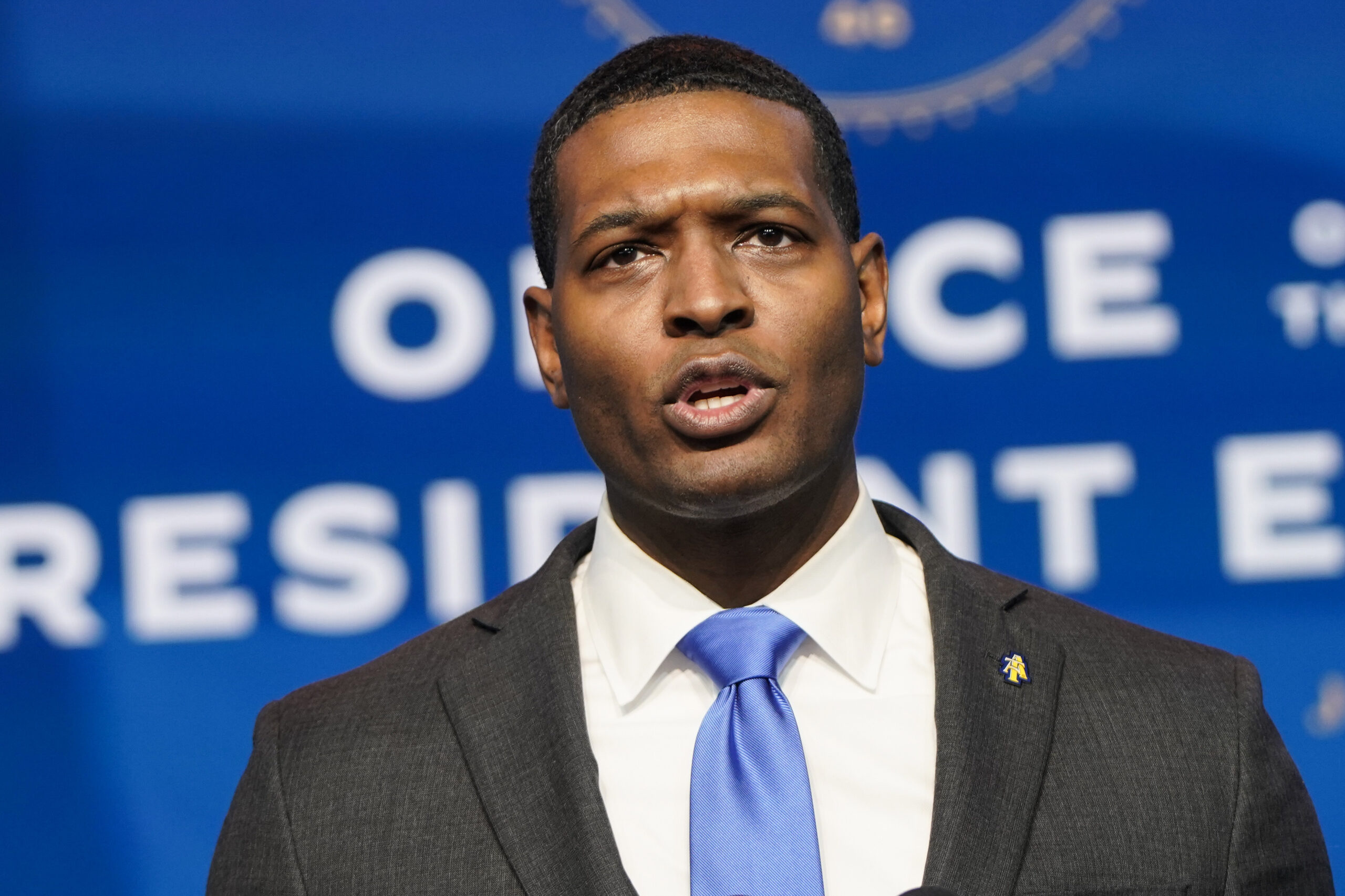 Then-nominee for EPA Administrator, Michael Regan, speaks at the Queen theater on Dec. 19, 2020 in Wilmington, Delaware. Credit: Joshua Roberts/Getty Images