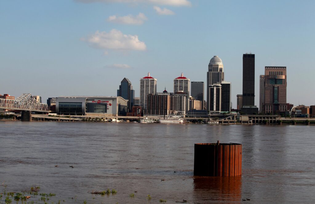 Louisville, Kentucky skyline as photographed from the Ohio River Greenway on July 16, 2015 in Clarksville, Indiana. Credit: Raymond Boyd/Getty Images