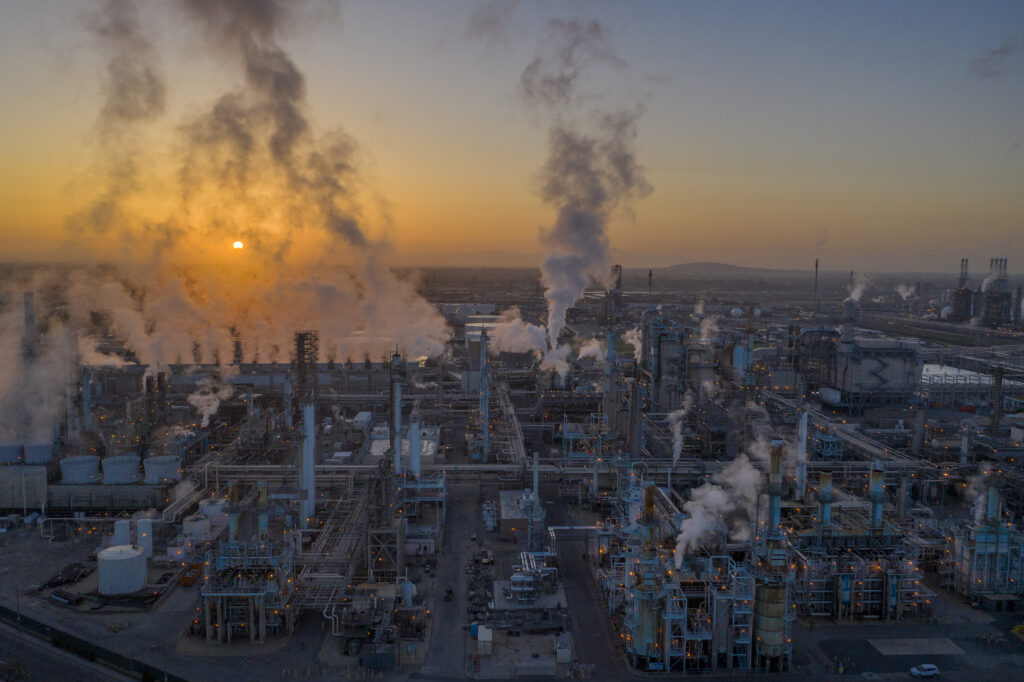 An aerial view shows Marathon Petroleum Corp's Los Angeles Refinery, the state's largest producer of gasoline, on April 22, 2020 in Carson, California. Credit: David McNew/Getty Images