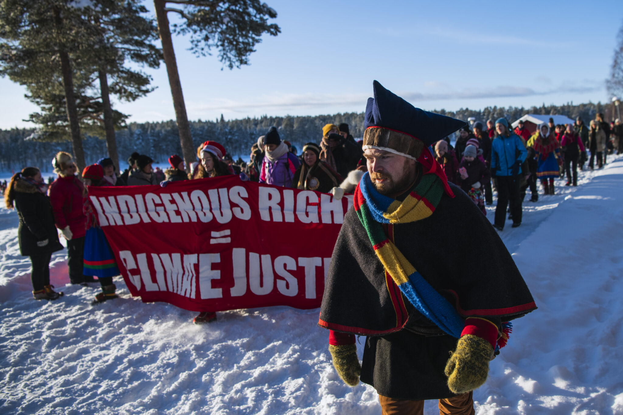 Members of the indigenous Saami community march during a Friday for Future protest in Jokkmokk, northern Sweden on Feb. 7, 2020. Credit: Jonathan Nackstrand/AFP via Getty Images