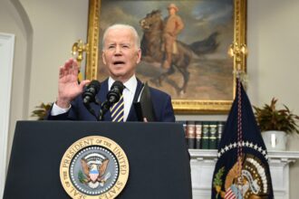 US President Joe Biden announces a ban on US imports of Russian oil and gas, March 8, 2022, from the Roosevelt Room of the White House in Washington, D.C. Credit: Jim Watson/AFP via Getty Images