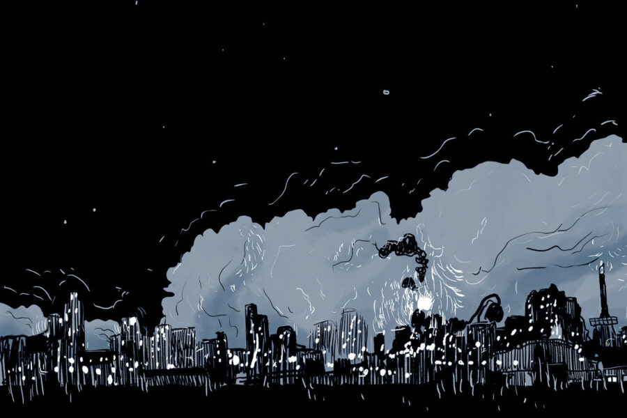 The Syncrude oil sands mining complex at night, as drawn by Kate Beaton in her 2022 graphic memoir, Ducks: Two Years in the Oil Sands. Credit: copyright Kate Beaton. Courtesy Drawn & Quarterly.