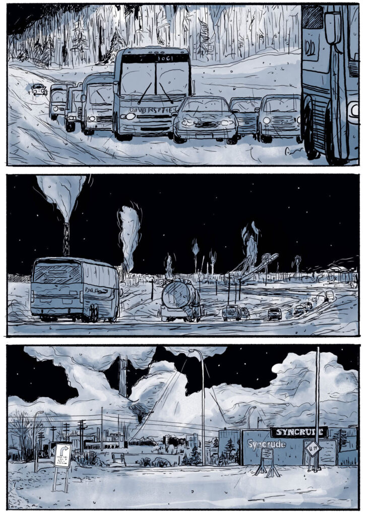 Traveling to the Syncrude oil sands mine. From Ducks: Two Years in the Oil Sands Credit: copyright Kate Beaton. Courtesy Drawn & Quarterly.)