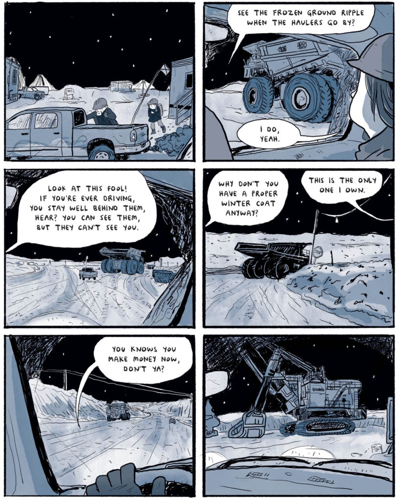 A panel expressing the dangers of the heavy hauler trucks in the Athabasca oil sands. Credit: From Ducks: Two Years in the Oil Sands, copyright Kate Beaton. Courtesy Drawn & Quarterly.