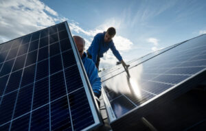 Employees of Sontec GmbH assemble photovoltaic modules on the roof of a residential building in Germany.
