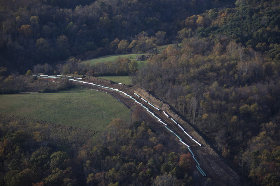 An aerial view of a natural gas pipeline under construction in Smith Township, Pennsylvania, in October 2017. Credit: Robert Nickelsberg/Getty Images.