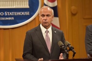 Ohio Sen. Jerry Cirino speaks at a news conference in March 2023 about his bill that would regulate higher education. Credit: The Ohio Senate