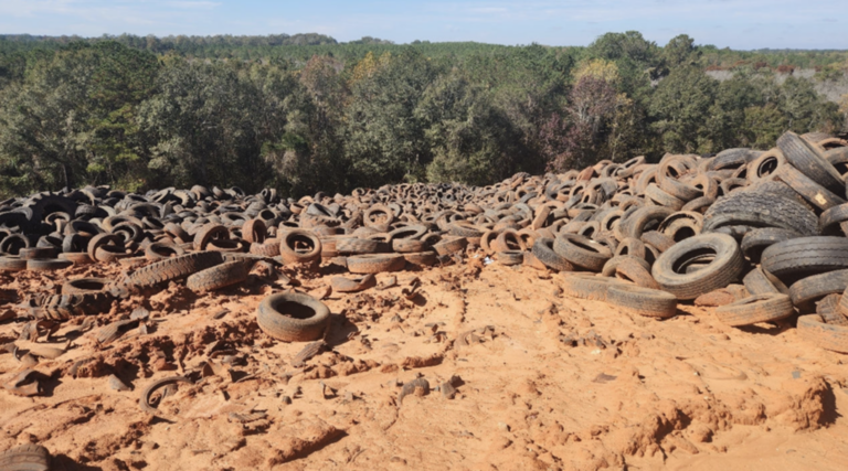 The Ashberry Landfill in Opp, Alabama. “There are mountains of uncovered tires at the facility,” a nearby resident complained in 2019, according to a record of the complaint. “The mosquito issue has been so bad that residents are having to stay indoors more.” Credit: Alabama Department of Environmental Management