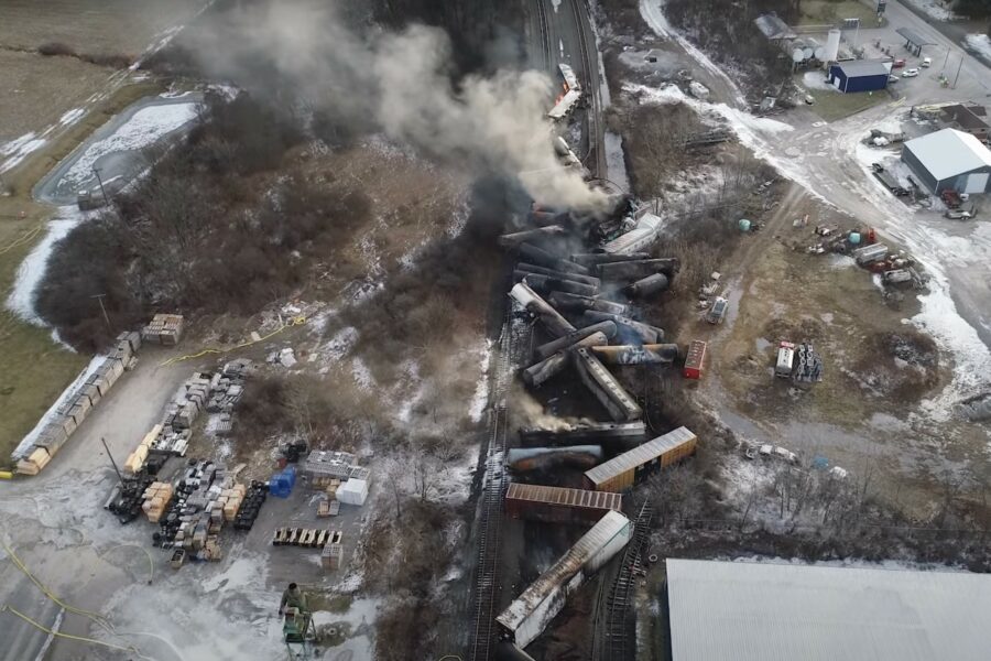 This video screenshot released by the U.S. National Transportation Safety Board shows the site of the derailed Norfolk Southern freight train in East Palestine, Ohio. Credit: NTSB/Handout via Xinhua
