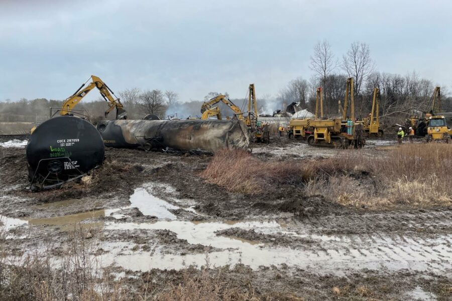 The site of the East Palestine, Ohio train derailment on Feb. 17, 2023. The train derailment happened on Feb. 3 in which 38 cars derailed, including 11 containing hazardous materials, forcing hundreds of residents to evacuate for several days. Credit: US Environmental Protection Agency/Anadolu Agency via Getty Images
