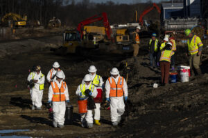 Ohio EPA and EPA contractors collect soil and air samples from the train derailment site on March 9, 2023 in East Palestine, Ohio. Credit: Michael Swensen/Getty Images