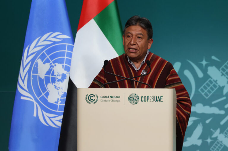 David Choquehuanca Cespedes, vice president of Bolivia, speaks during day two at COP28 in Dubai. He is a member of the Aymara nation, raised in an Indigenous community on the shores of Lake Titicaca. Credit: Sean Gallup/Getty Images