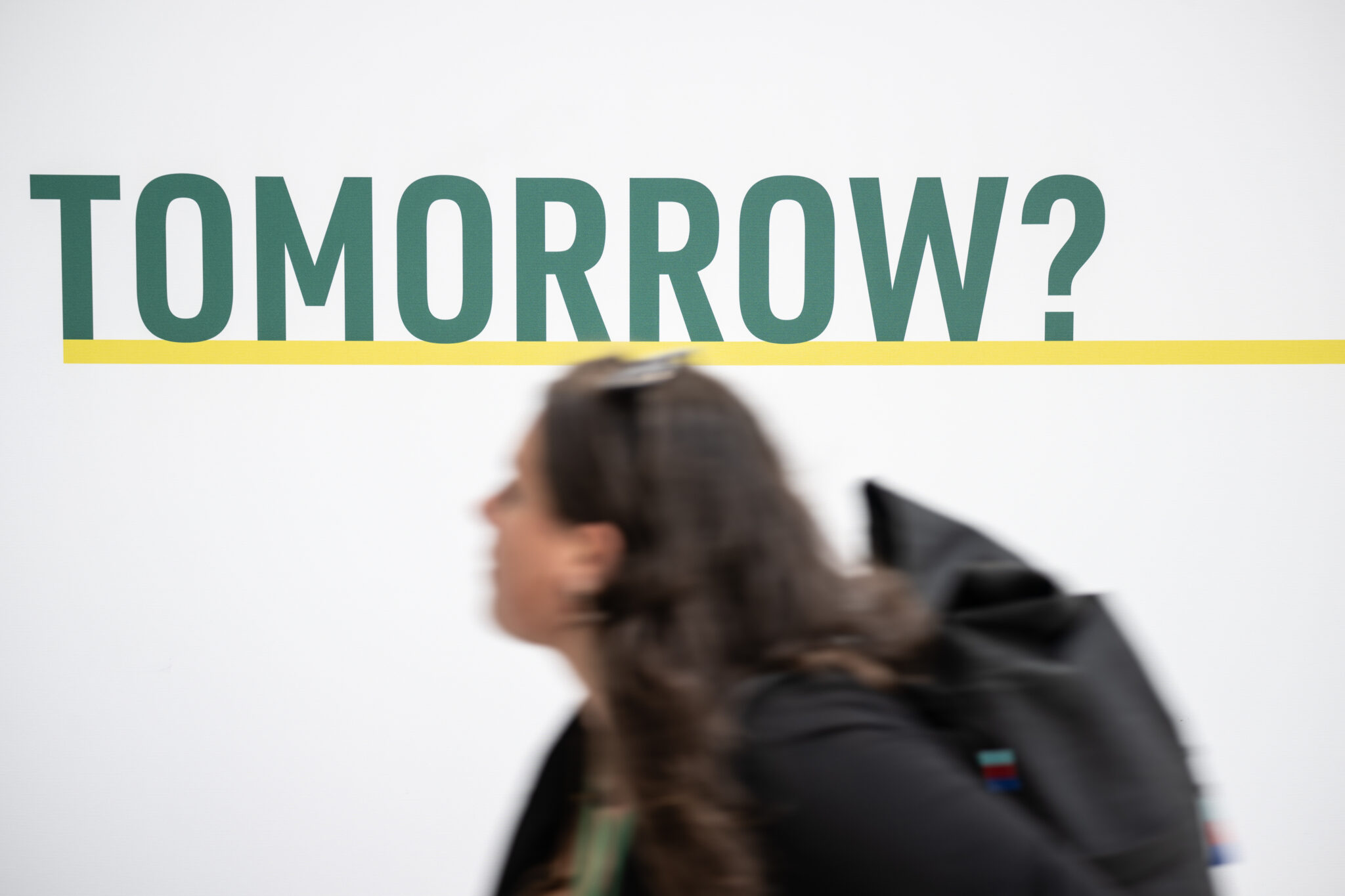 "Tomorrow?" is written on a wall at the COP28 site in Dubai. Credit: Hannes P. Albert/picture alliance via Getty Images