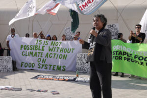 Activists protest for equitable global food production on day 11 of the COP28 Climate Conference as negotiations go into their final phase on Dec. 11 in Dubai. Credit: Sean Gallup/Getty Images