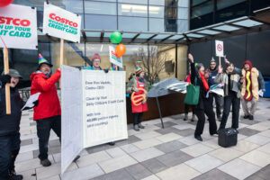 The energy at the Costco demonstration was celebratory, with balloons, cake and music. Credit: Alex Garland/Third Act/Stop the Money Pipeline
