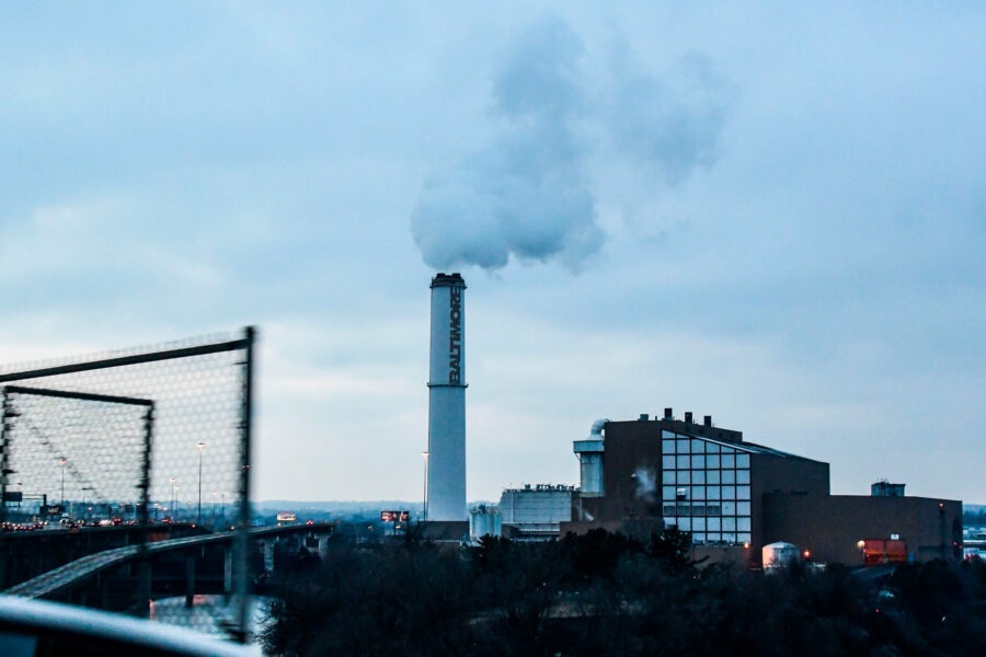 The smokestack of the Wheelabrator Incinerator in Baltimore. Credit: Eva Claire Hambach/AFP via Getty Images