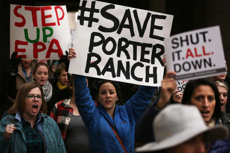 Activists stage a protest outside the Environmental Protection Agency on Jan. 15, 2016 in Washington, DC. Activists urged the EPA to shut down operations of Southern California Gas Company's Aliso Canyon storage facility, which had been leaking huge amount of methane, sickening residents in the neighboring Porter Ranch, Calif. Credit: Alex Wong/Getty Images