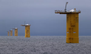 A row of mono piles that will be the base for offshore wind turbines near New Bedford, Mass. Credit: David L Ryan/The Boston Globe via Getty Images