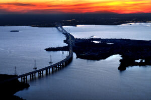 The Francis Scott Key Bridge crosses Bear Creek and the Patapsco River. Credit: Katherine Frey/The Washington Post via Getty Images