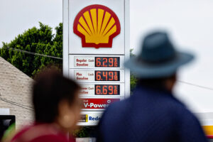 A Shell gas station sign displays high prices on Sept. 17, 2023 in Los Angeles. Credit: Jason Armond/Los Angeles Times via Getty Images