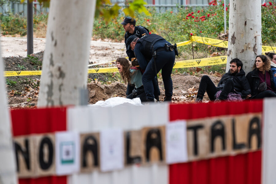 National Police officers remove climate activists from trees in Spain's Madrid Río Park. The environmental group Extinction Rebellion was protesting against tree felling that began in the park on Dec. 11, 2023. Credit: Marcos del Mazo/LightRocket via Getty Images