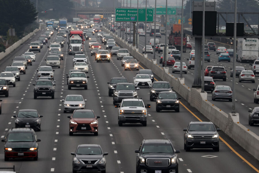 Vehicles travel along Interstate 80 on Jan. 16 in Berkeley, Calif. Credit: Justin Sullivan/Getty Images