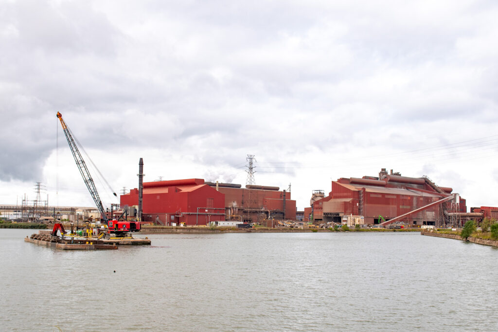 A view of Cleveland-Cliffs’ facility at the Ford River Rouge Complex in River Rouge, Mich. The massive steel company will get up to $500 million to implement a hydrogen direct-reduced iron plant in Ohio. Credit: Aaron J. Thornton/Industrious Labs via Getty Images