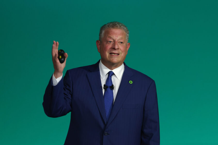 Former Vice President Al Gore presents the Climate TRACE global greenhouse gases emissions database during COP28 in Dubai. Credit: Sean Gallup/Getty Images