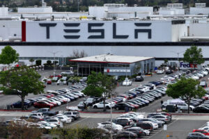 An aerial view of the Tesla Fremont Factory in California on April 24. Credit: Justin Sullivan/Getty Images