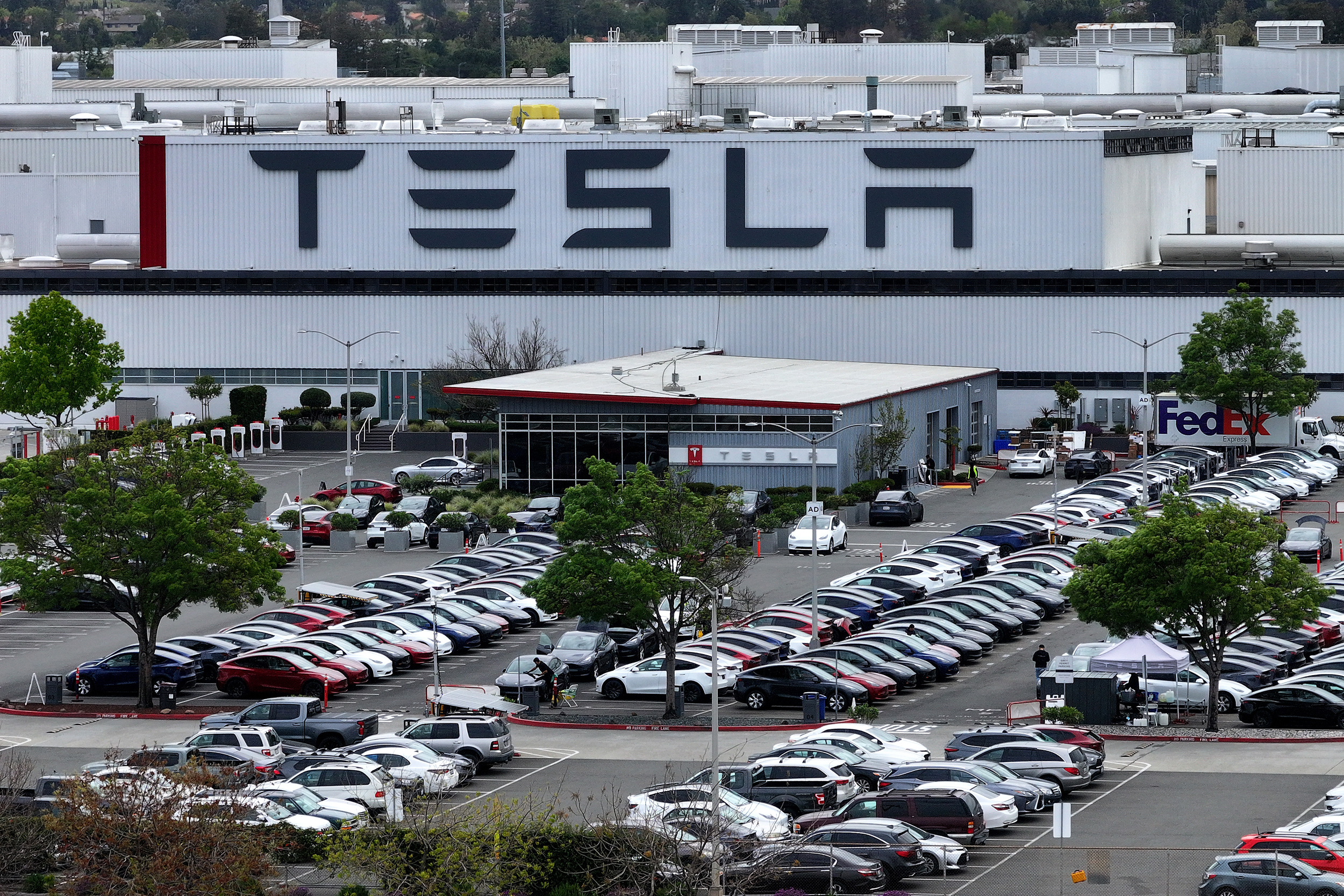An aerial view of the Tesla Fremont Factory in California on April 24. Credit: Justin Sullivan/Getty Images