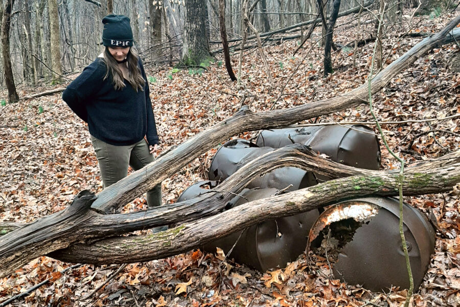 Sam Satterly investigated a hazardous waste dump known as the “Gully of the Drums” in Jefferson Memorial Forest, a Louisville public park, while she was a graduate student at the University of Louisville. Credit: Courtesy of Sam Satterly