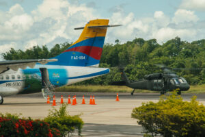 A Colombian military police helicopter takes off from the base, which they share with a civilian airport, in Florencia, Caqueta.
