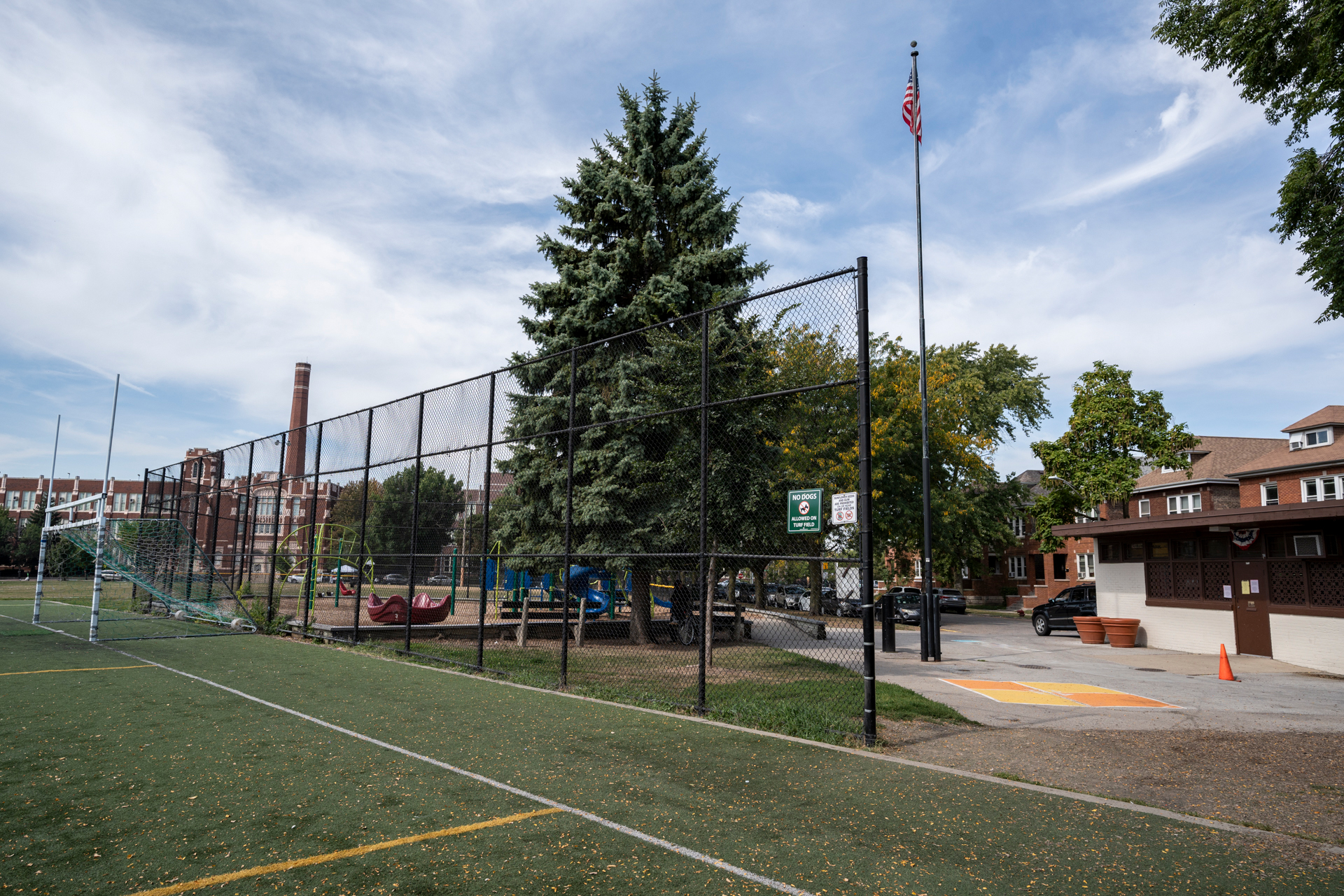 Kelly (Edward) Park, which includes a playground, sports fields and mature trees is seen on Sept. 13. For many years, Kelly Park was Brighton Park's only park. Credit: Max Herman/Borderless Magazine