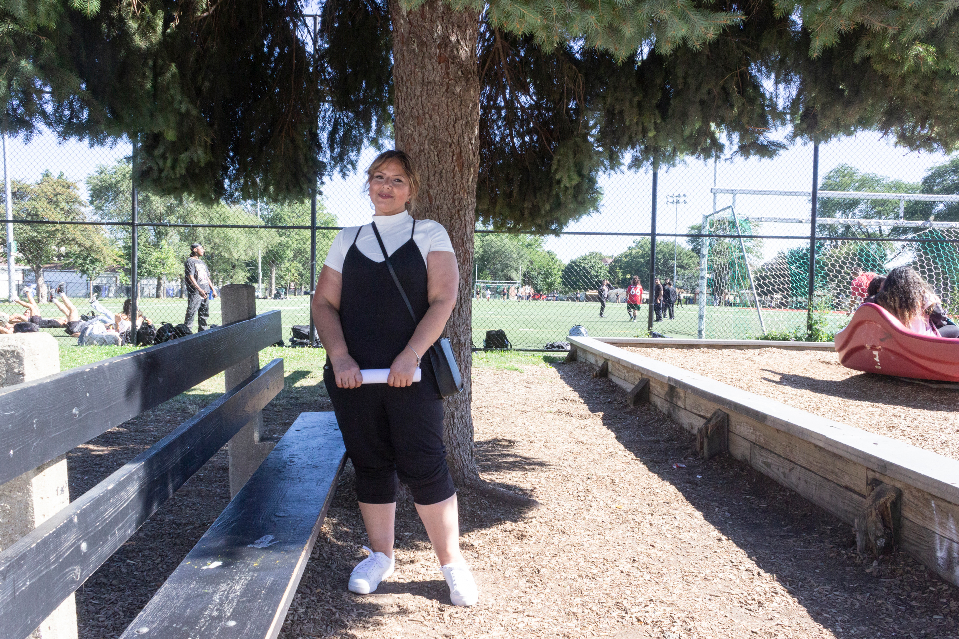Carmen Barragan, a Brighton Park Neighborhood Council health organizer manager, stands at the renovated Kelly Park in Chicago on Sept. 3. Credit: Aydali Campa/Borderless Magazine