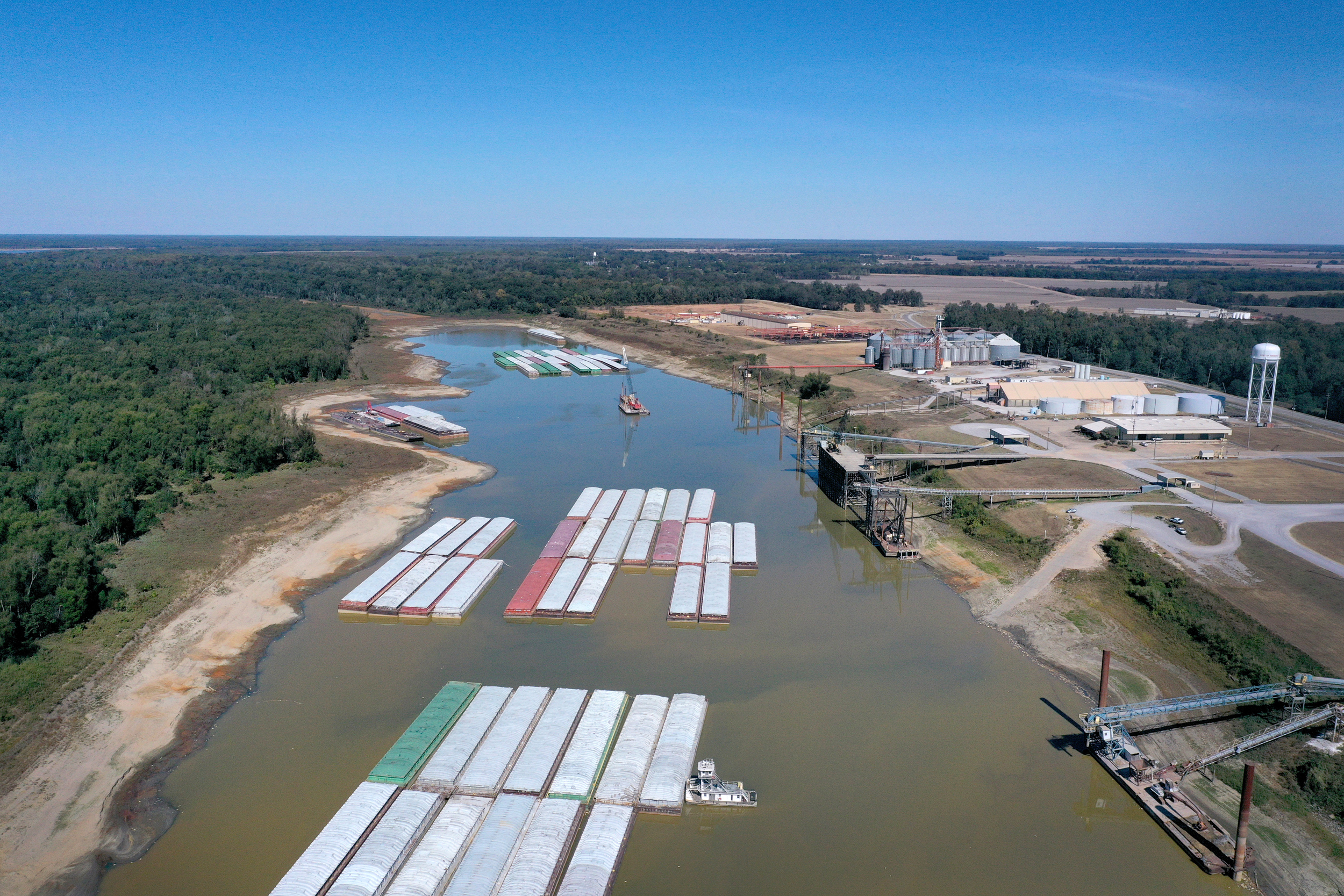 An aerial view of barges, stranded by low water at the Port of Rosedale along the Mississippi River on Oct. 20, 2022 in Rosedale, Mississippi. Credit: Scott Olson/Getty Images