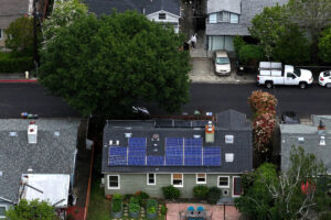 An aerial view of solar panels on the roof of a home in San Rafael, California. Credit: Justin Sullivan/Getty Images
