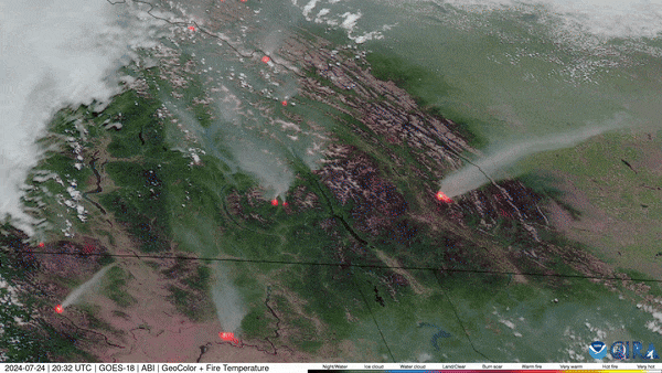 NOAA’s GOES West satellite shows wildfires raging across the Pacific Northwest from July 24-25. The GOES West satellite, also known as GOES-18, provides geostationary satellite coverage of the Western Hemisphere, including the United States, the Pacific Ocean, Alaska and Hawaii.
