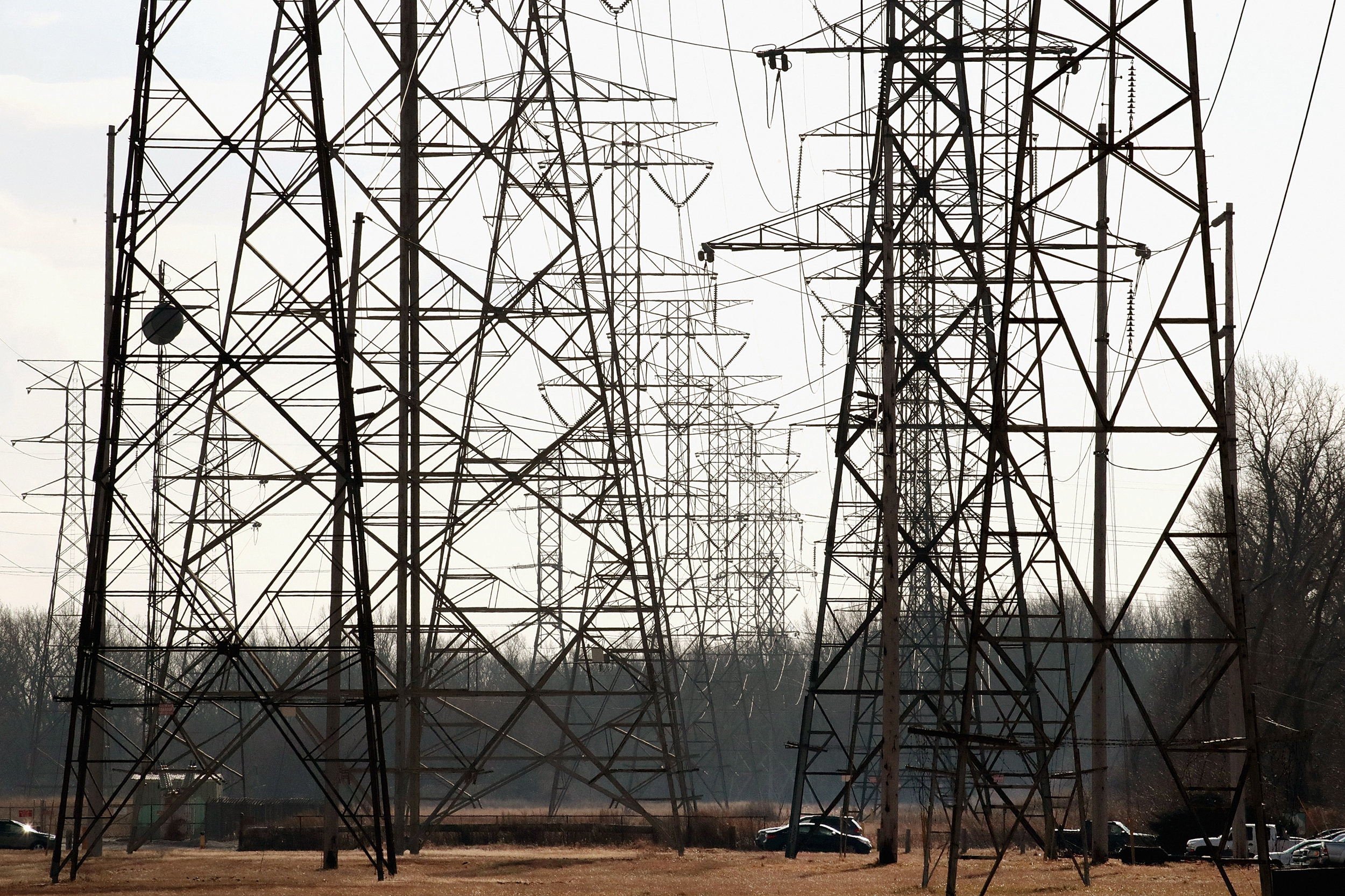 Power transmission towers run along the Indiana-Illinois border in Hammond, Ind. Credit: Scott Olson/Getty Images